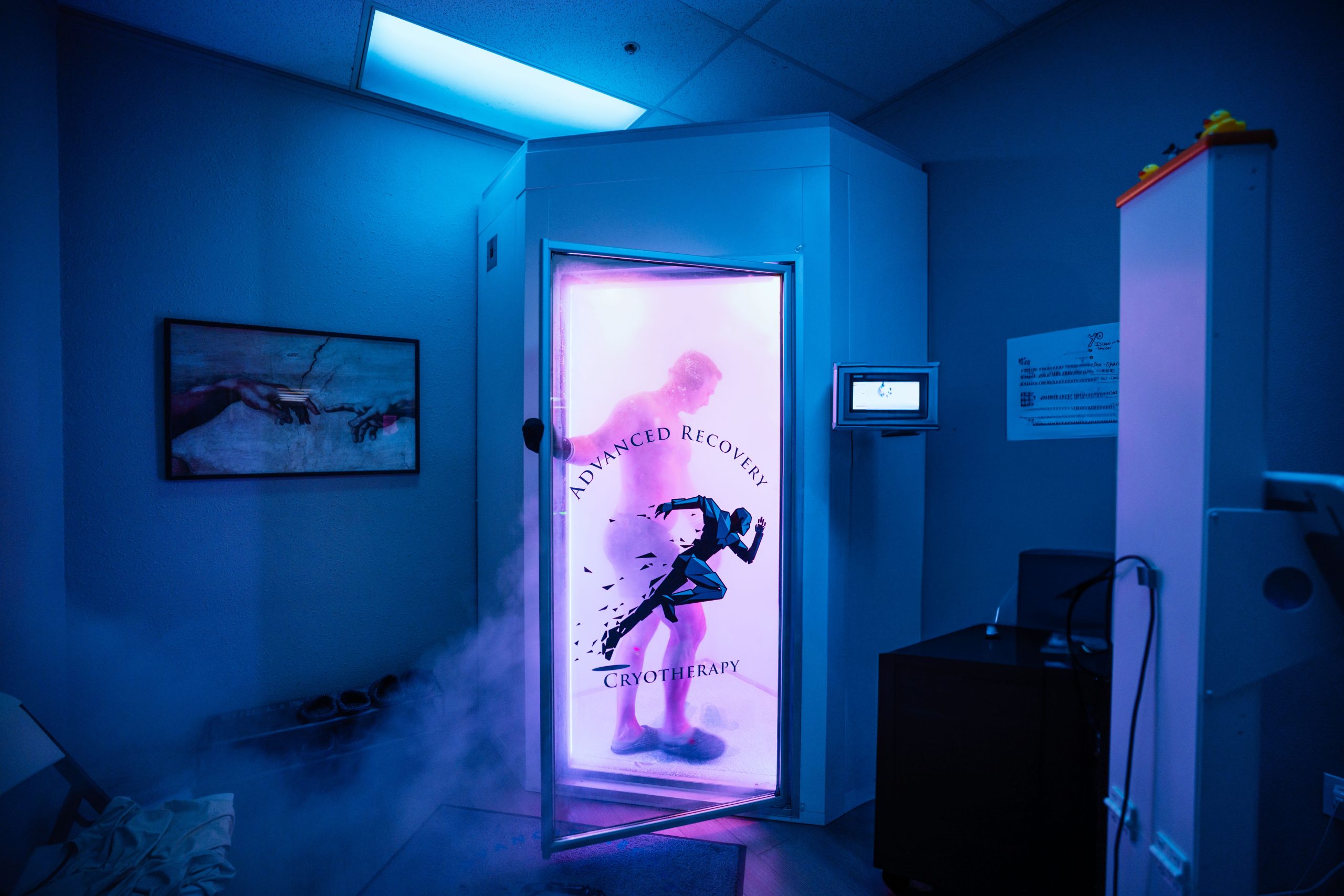 Cabina de crioterapia de cuerpo entero con vapor frío en clínica profesional