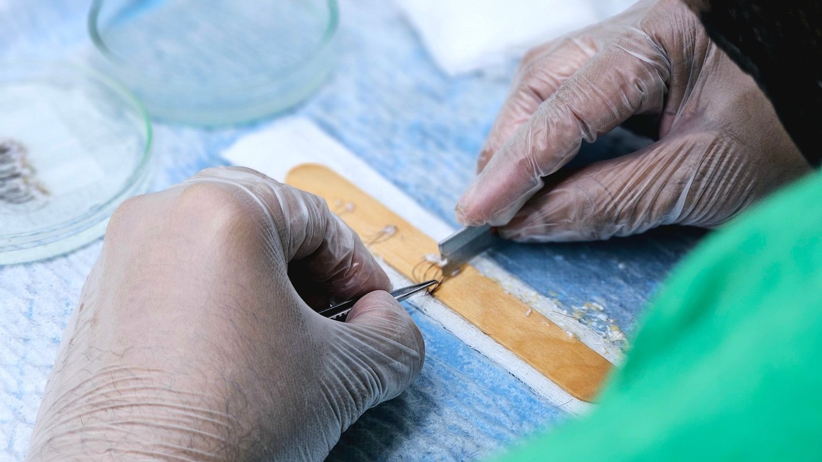 Profesional revisando densidad del cuero cabelludo con dispositivo de tricoscopia